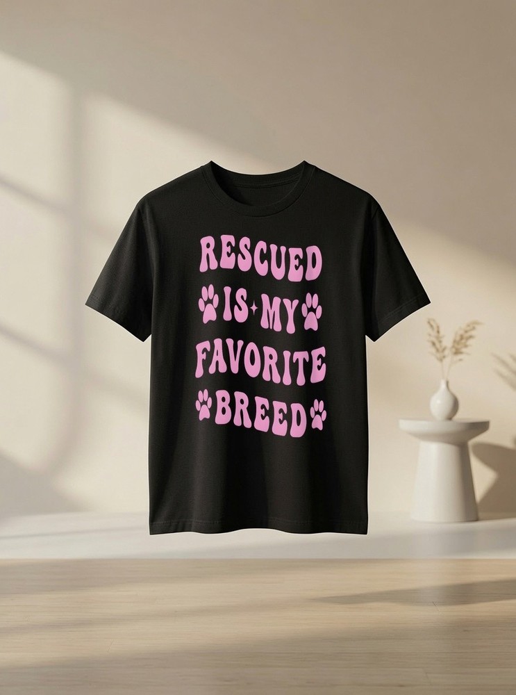 Rescued Is My Favorite Breed Retro Groovy Pink Dog Mom Dog Lover Graphic Tee