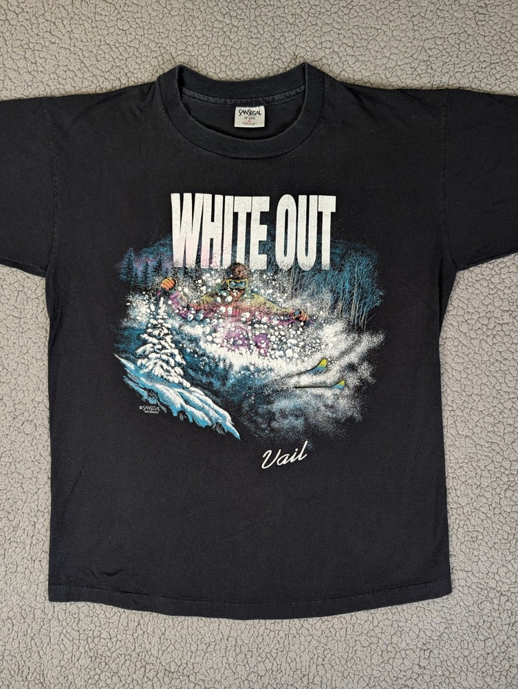 Vintage 90s White Out Ski Vail Colorado Snow T Shirt Mens XL Single Stitch Black