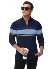 Mens Long Sleeve Sweater 1/4 Zip Winter Warm Casual Fleece Pullover Striped Polo