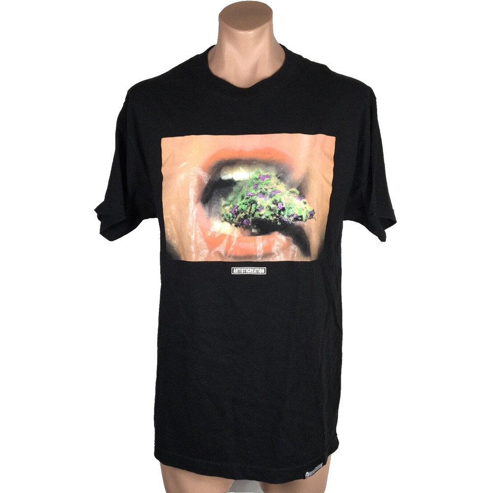 Artist Creation 420 Weed Ganja Lips Black Hip Hop Street Wear T Shirt Sz L