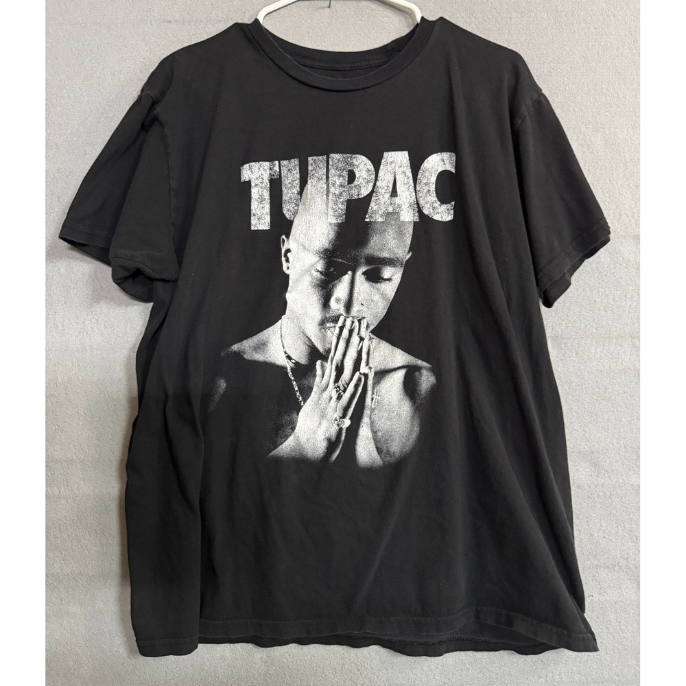 2Pac Tupac Shakur Graphic T-Shirt Mens Size L Black Rap Tee Praying Portrait
