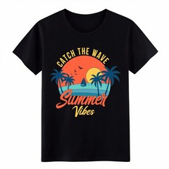Catch The Wave Summer Vibes Retro Beach Graphic T-Shirt, Palm Tree Tee