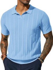 Mens V-Neck Knit Polo Shirt Textured Lightweight Breathable Summer Casual Top