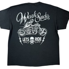 Work Sucks Let’s Ride Motorcycle Biker Skeleton Skull 2-Sided Harley t-shirt XL
