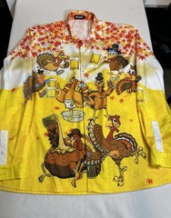 Atlanl Turkeys w/Beer Festive Thanksgiving Shirt XL Poly/Spandex Blend EUC