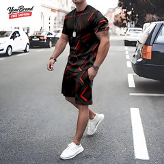Plus Size Irregular Geometric T-Shirt Shorts 2-Piece Set Quick Drying Loose Men’