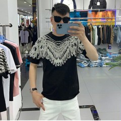 New Hot Drilling Fashion Wing Style Rhinestones Summer Luxury Men Black T-Shirt