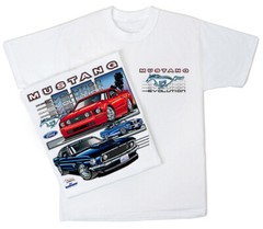 Mustang Evolution (41) Men’s White Cotton T-shirt. Ford Mustang