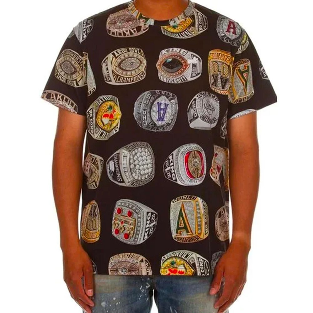 Akoo XXL T-shirt Black Championship Rings Streetwear Graphic Short Sleeve B49
