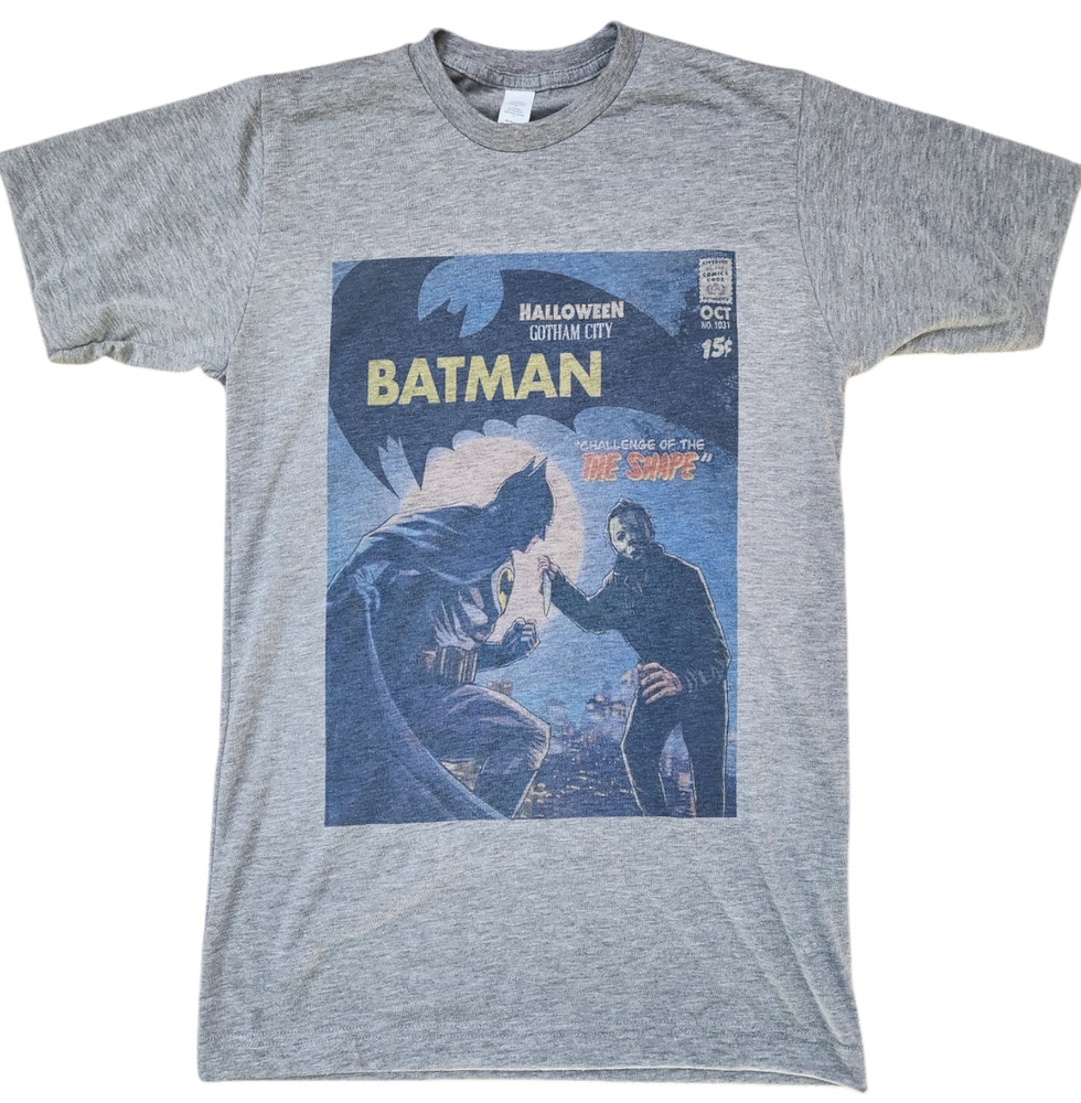 Men’ Batman vs Michael Myers Halloween graphic T-shirt Gray Soft Style Vintage