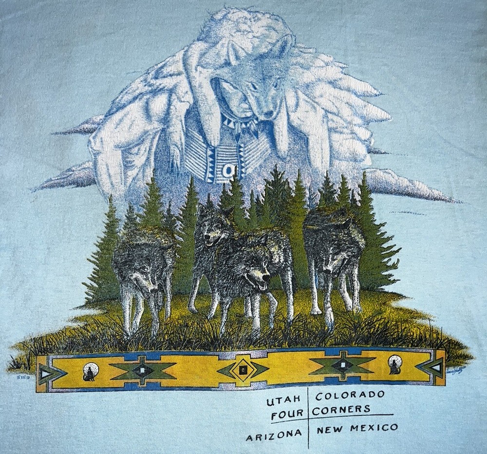 Vintage Four Corners Blue Men’s Medium Wolves Single Stitch S/S Shirt USA