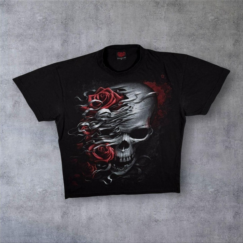 Early 00’s Spiral Goth Fantasy Skull Rose Graphic Black T-Shirt Medium