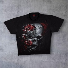 Early 00’s Spiral Goth Fantasy Skull Rose Graphic Black T-Shirt Medium