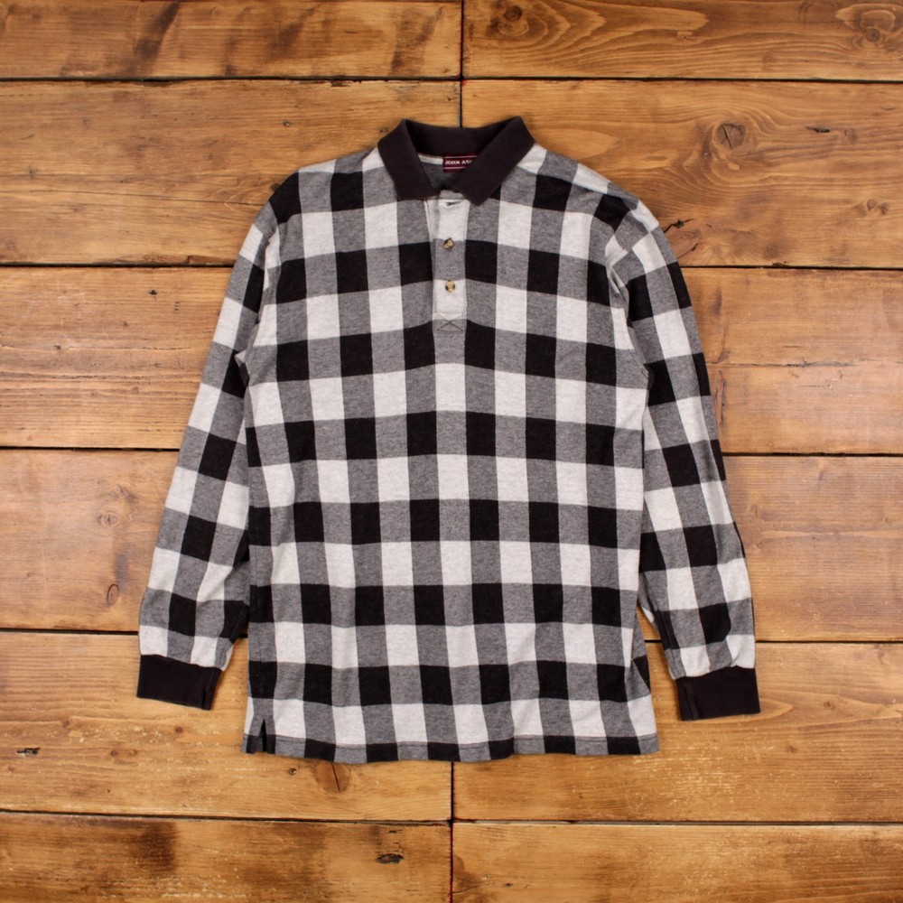 Vintage All Over Print T Shirt Medium John Ashford Long Sleeve Checked Black