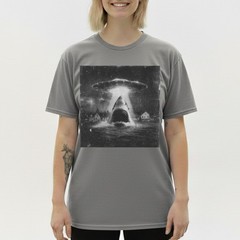Funny Shark Abduction T-Shirt UFO Alien Vintage Art Sci-Fi Graphic Tee S-5XL