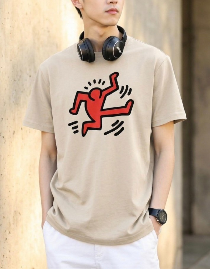 Keith Haring Men’s L Tan Graphic T-Shirt 100% Cotton d1694