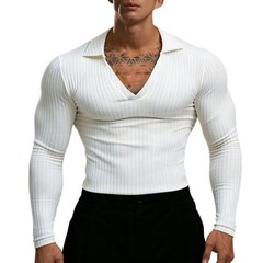 Men’s Athletic Pullover Top with V Neck Long Sleeves and Bold Stripe Design