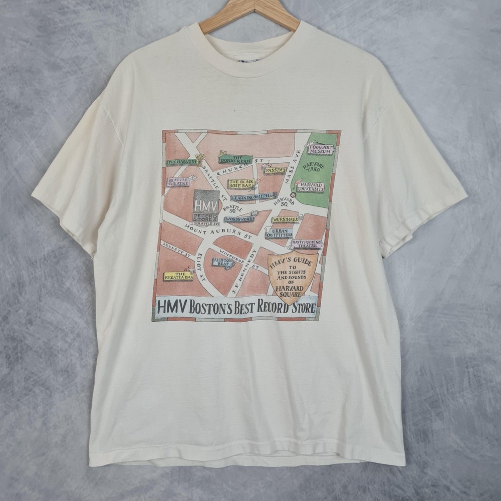 Vntg HMV Boston Shirt Mens Large White Harvard Square Record Store Single Stitch