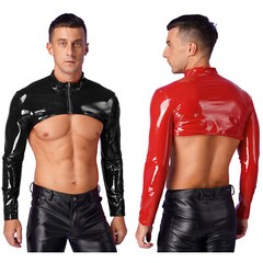 US Mens Shrug Stand Collar Clubwear Long Sleeve Crop Top Patent Leather Slim Top