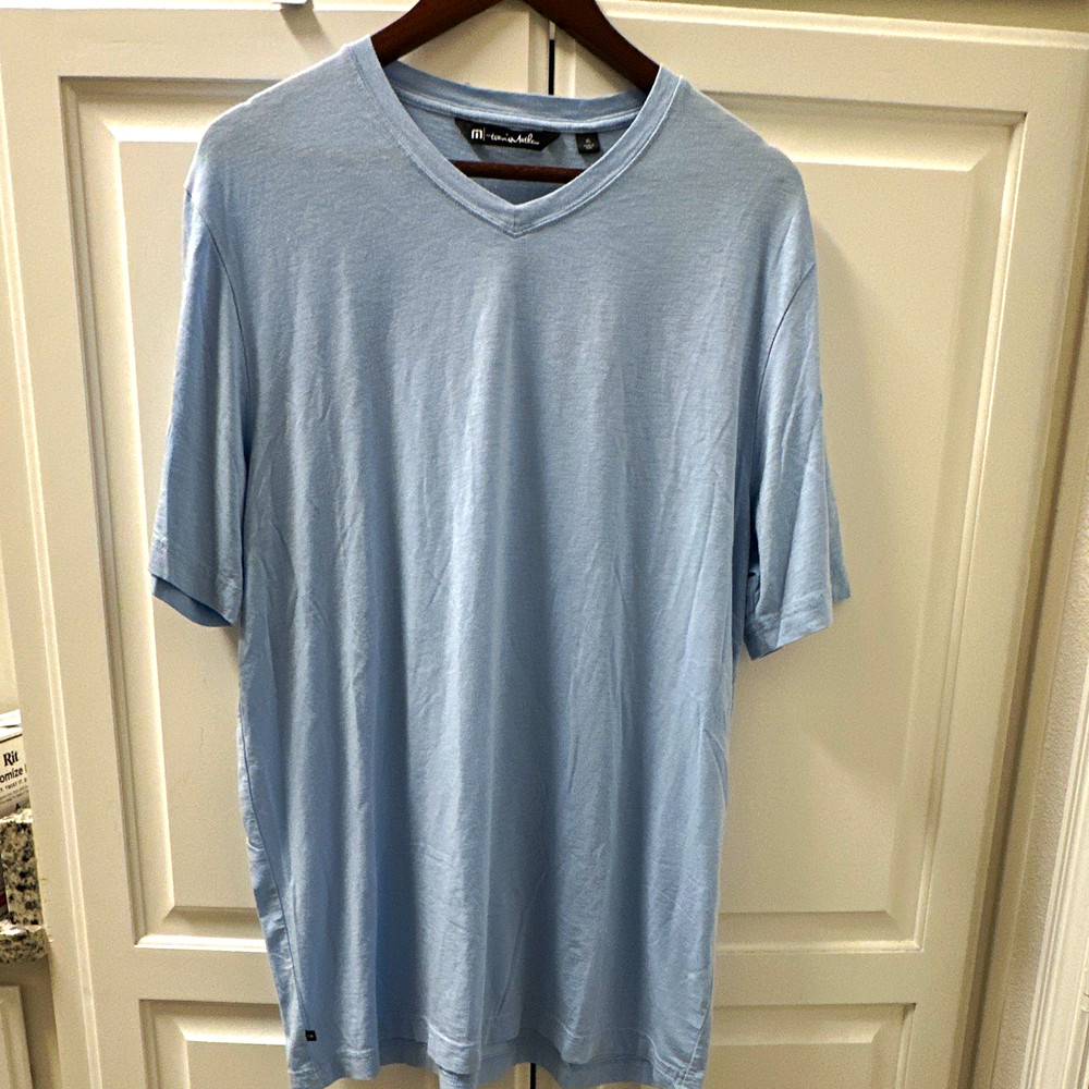 TravisMathew Men’s XL Blue Solid V-Neck Short Sleeve Pima Modal Logo T-Shirt