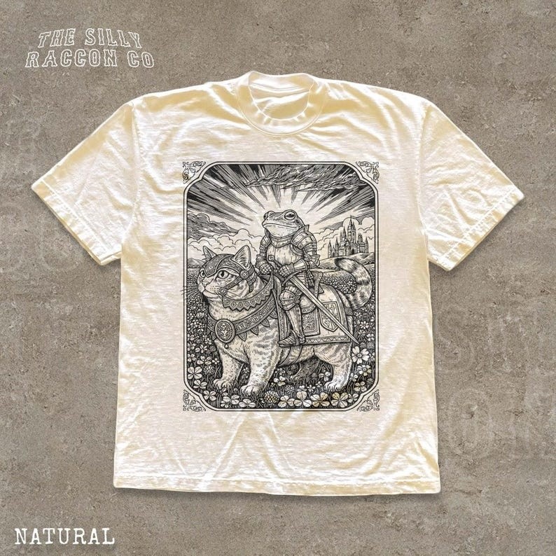 Funny Frog And Cat Shirt Vintage Dark Academia Fantasy Knight T Shirt