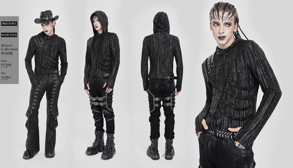 Devil Fashion Men Black And Gray Striped Gothic Asymmetric Hooded T-Shirt Tops