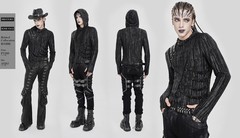 Devil Fashion Men Black And Gray Striped Gothic Asymmetric Hooded T-Shirt Tops