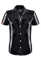 Men’s Black Shiny PVC Shirt Slim Fit Snap Button Stand Collar Top
