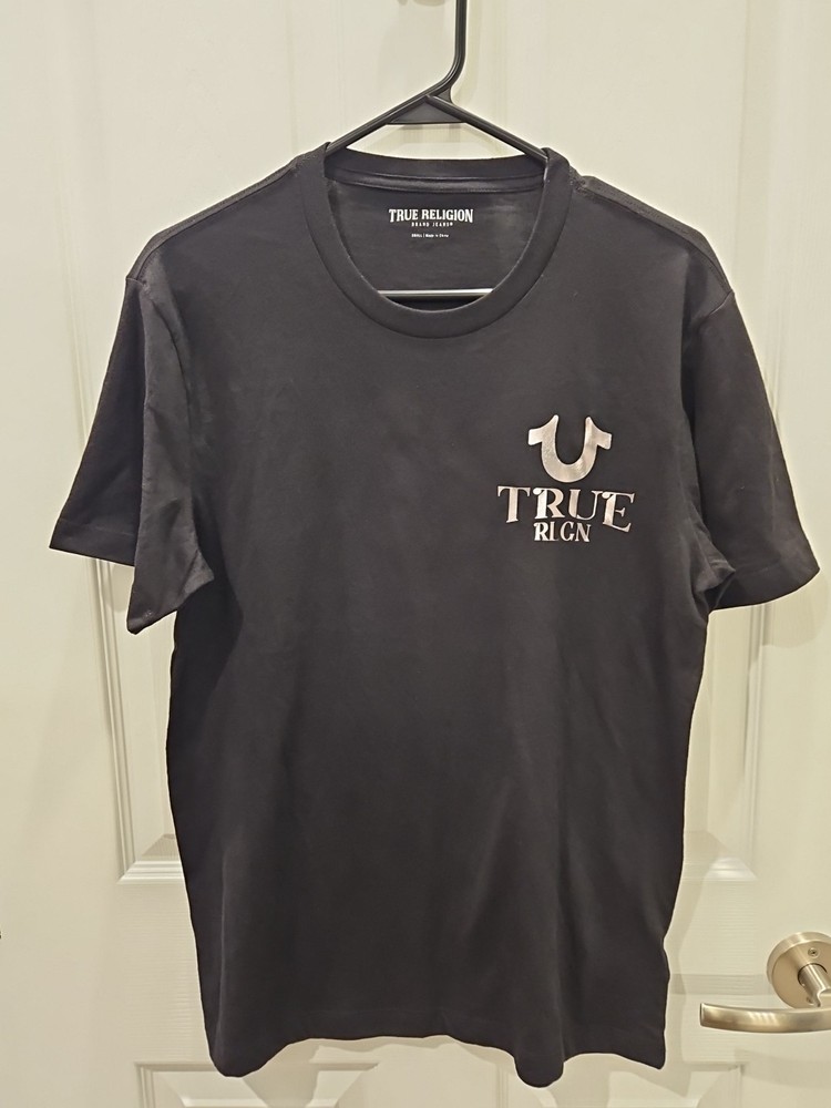 True Religion Black T-shirt With Silver/Metallic Foil Print, Men’s Size Small