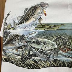 Vintage 90s Largemouth Bass Fishing All Over Print Nature Graphic White T-Shirt