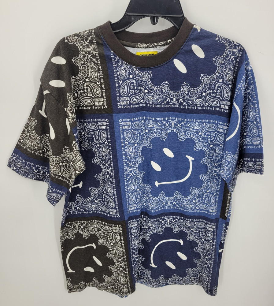 Chinatown Market Smiley Shirt Mens Large Blue Black Patchwork Streetwear Y2K