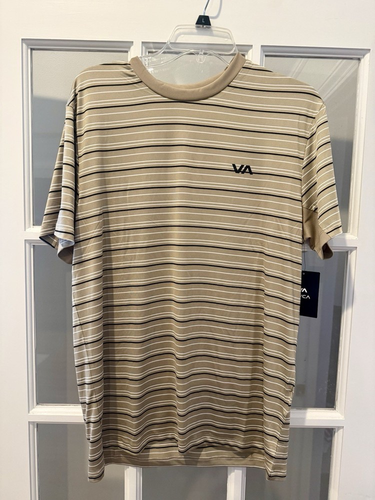 RVCA Men’s Sweep Stripe Crew SS T-Shirt Active Size Medium – Khaki/Black Striped