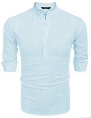 Men’s Cotton Hemp Long Sleeve Casual Beach Henley Shirt(Blue,3XL)