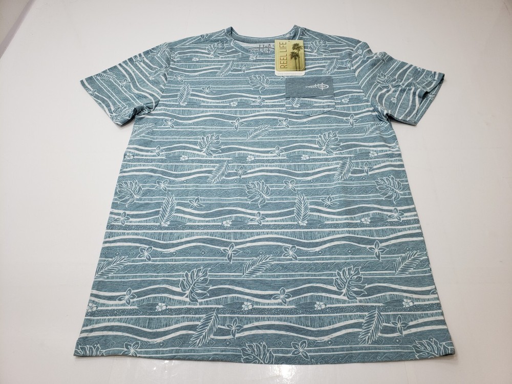 Reel Life Mens T-Shirt Short Sleeve Crewneck Striped Ocean Print Blue Size M NWT