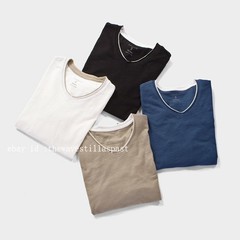 Mens Round Collar Long-Sleeved T-Shirts Cotton V-Neck Solid Color Casual Tops