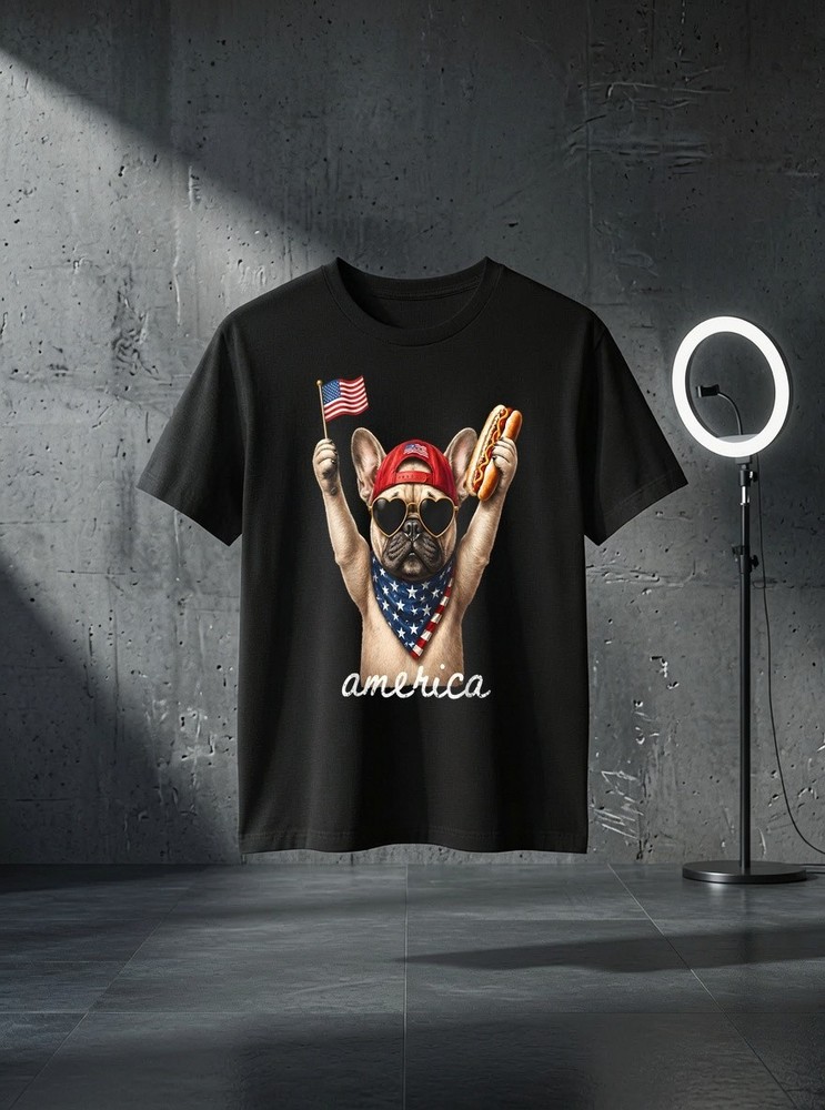 Unisex USA America French Bulldog Hot Dog 1776-2026 4th of July Graphic T Shirt