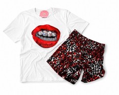 Teens Graphic Print Crew Neck Short Sleeve T-Shirt + Leopard Print Shorts S/M
