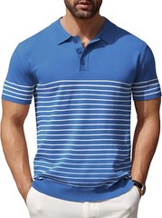Men’s Striped Knit Polo Shirt Lightweight Short Sleeve Casual Collared Golf Tee