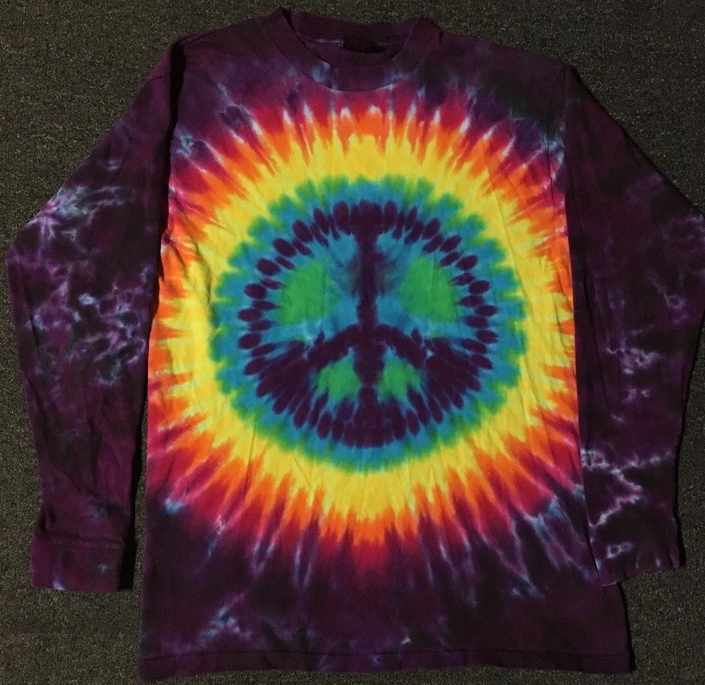 Vtg 90s Peace Tie Dye AOP Shirt M USA Single Stitch Hippie Surf Grunge Biker 80s