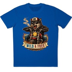 Wild & Free Wolf Biker Motorcycle Chopper Flames Funny Animal Graphic T-Shirt.