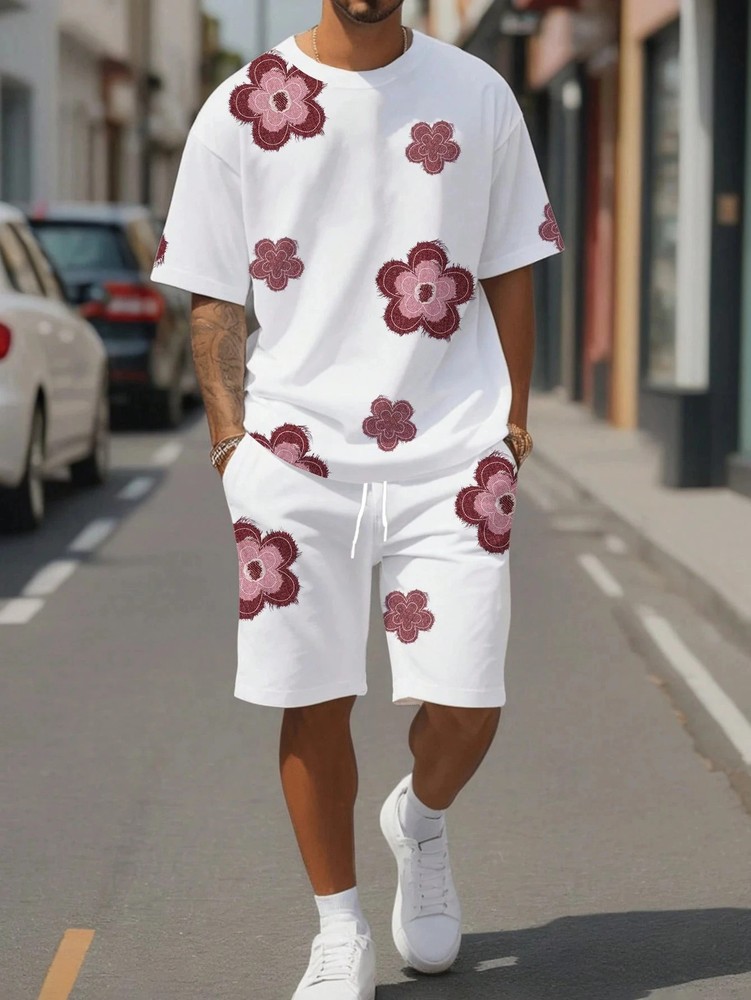Fashion Men’s Black and White Flower Graphic Print T-shirt Shorts 2-piece Set