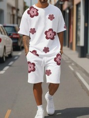 Fashion Men’s Black and White Flower Graphic Print T-shirt Shorts 2-piece Set