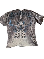 Archaic All Over Print Graphic Tee Y2K Affliction Style Eagle Cross Shirt XXL