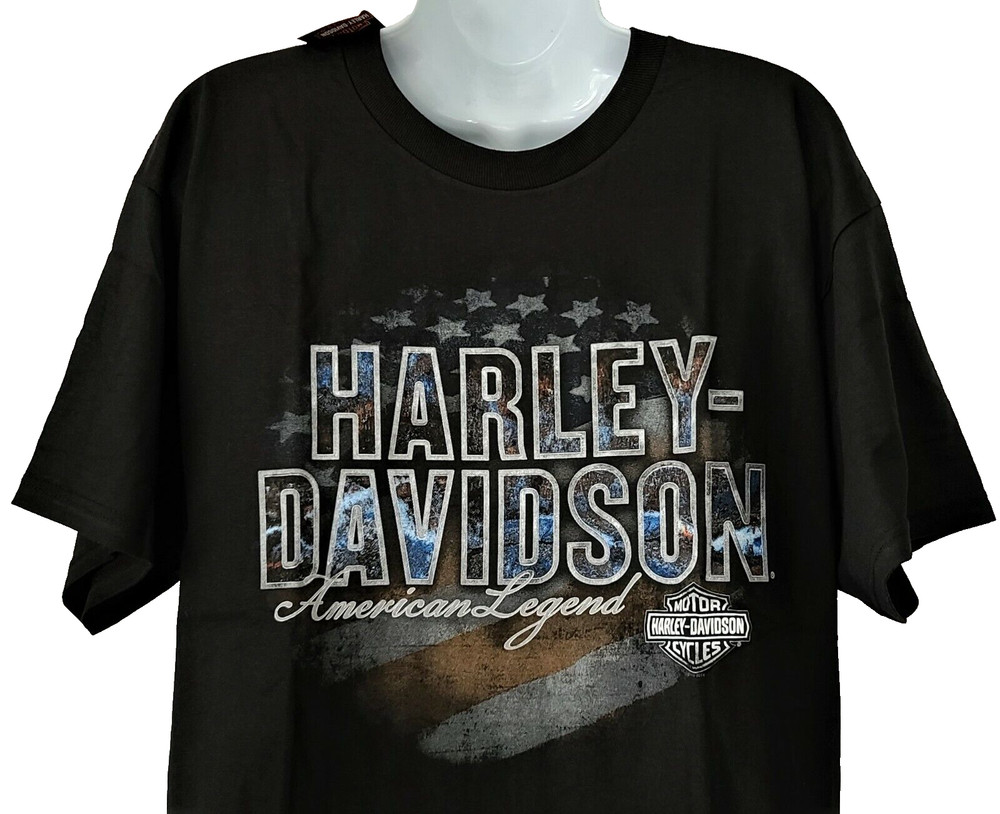 Harley Davidson SS Shirt Black Flag Patriotic Stars Stripes USA Chest43in Mens L