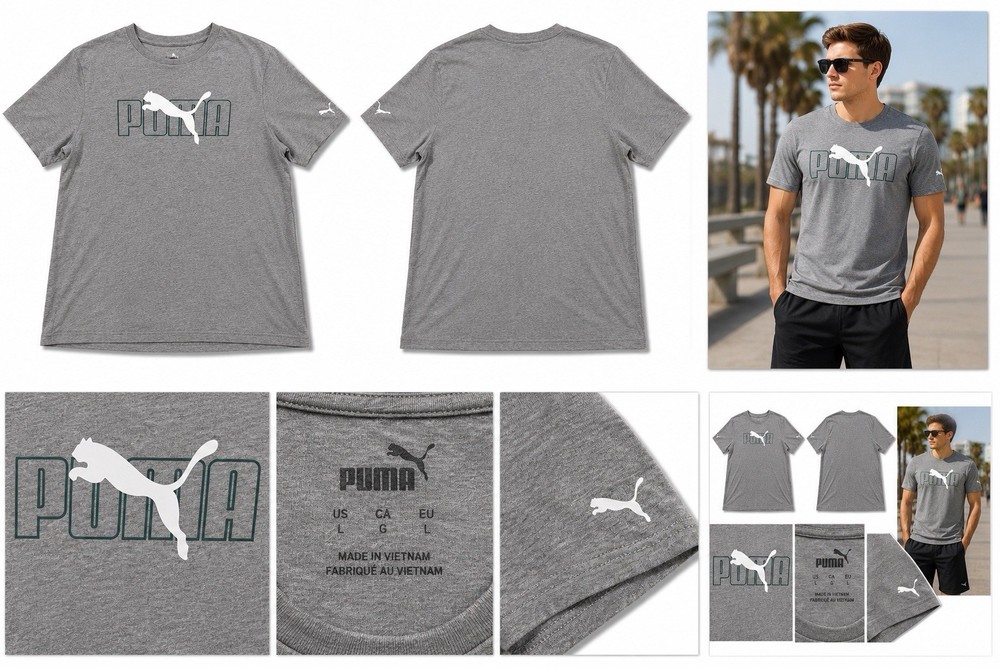PUMA Mens Gray Graphic Logo T Shirt Size L Large Short Sleeve Athletic Tee