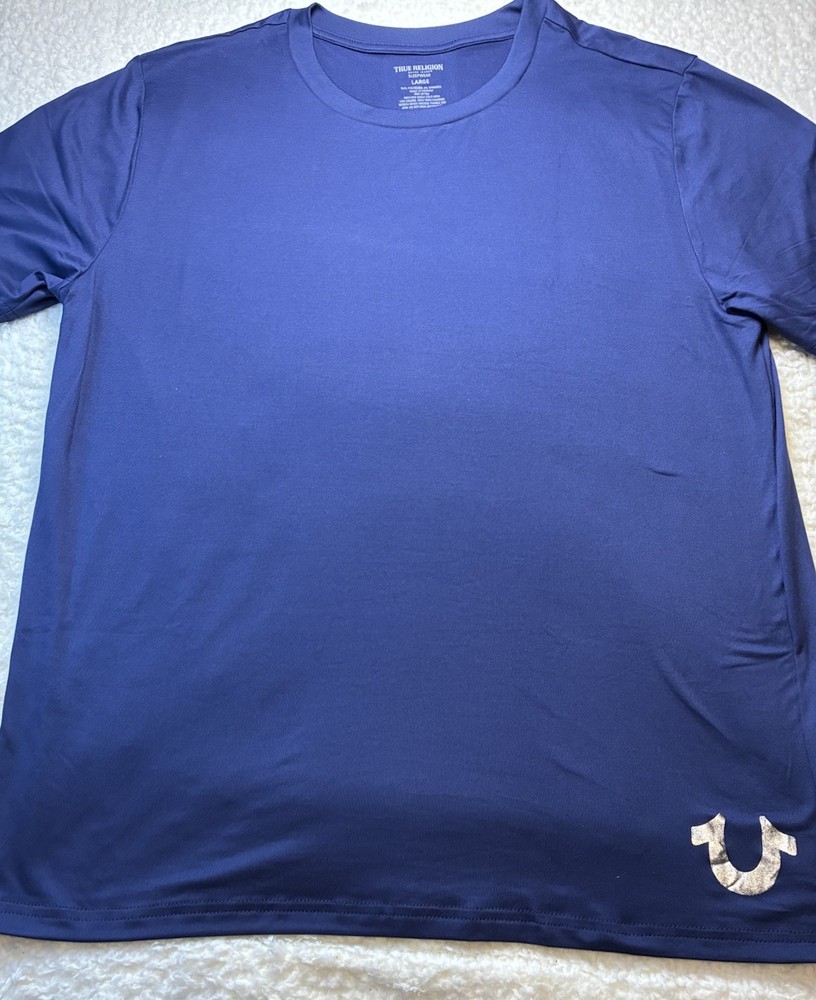 True Religion Sleepwear Mens Large Blue T-Shirt Gold Horseshoe Logo Lounge