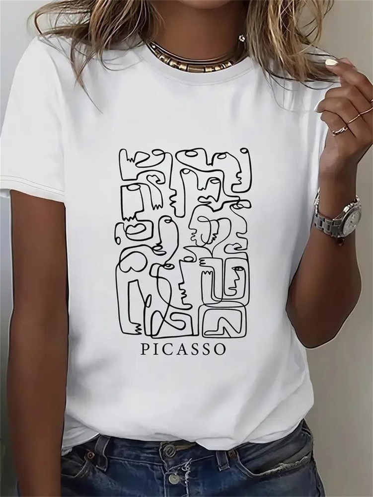 1pc Women’S T-Shirt Featuring Picasso-Inspired Abstract Face Line for art in a