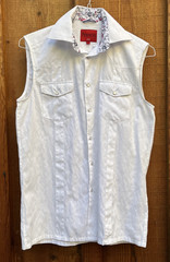 Patroncito Shirt Small White Sleeveless Textured Brocade Fabric Snap Button Dow