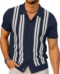 Mens Vintage Striped Knitted Polo Shirt Short Sleeve Button Down Golf Casual Top