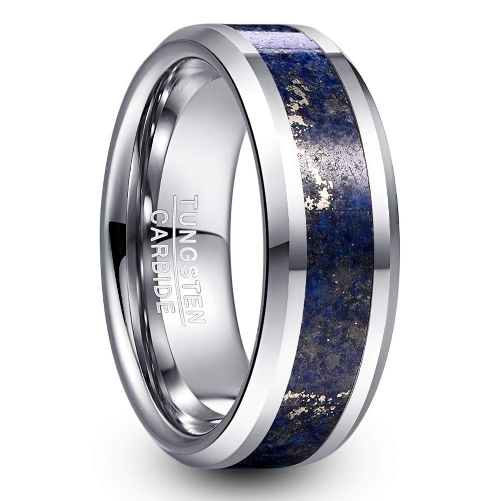 Mens 8mm Lapis Lazuli Tungsten Rings Beveled Edge Wedding Engagement Band Siz…